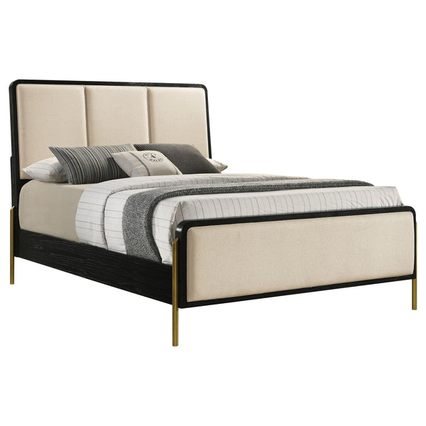 Side angle showing cream fabric and black edge details of Arini King Panel Bed
