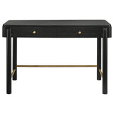 Vanity table side angle showing black wood grain finish and drawers