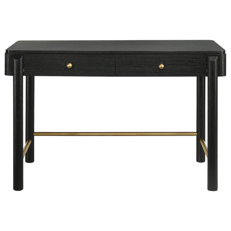 Vanity table side angle showing black wood grain finish and drawers