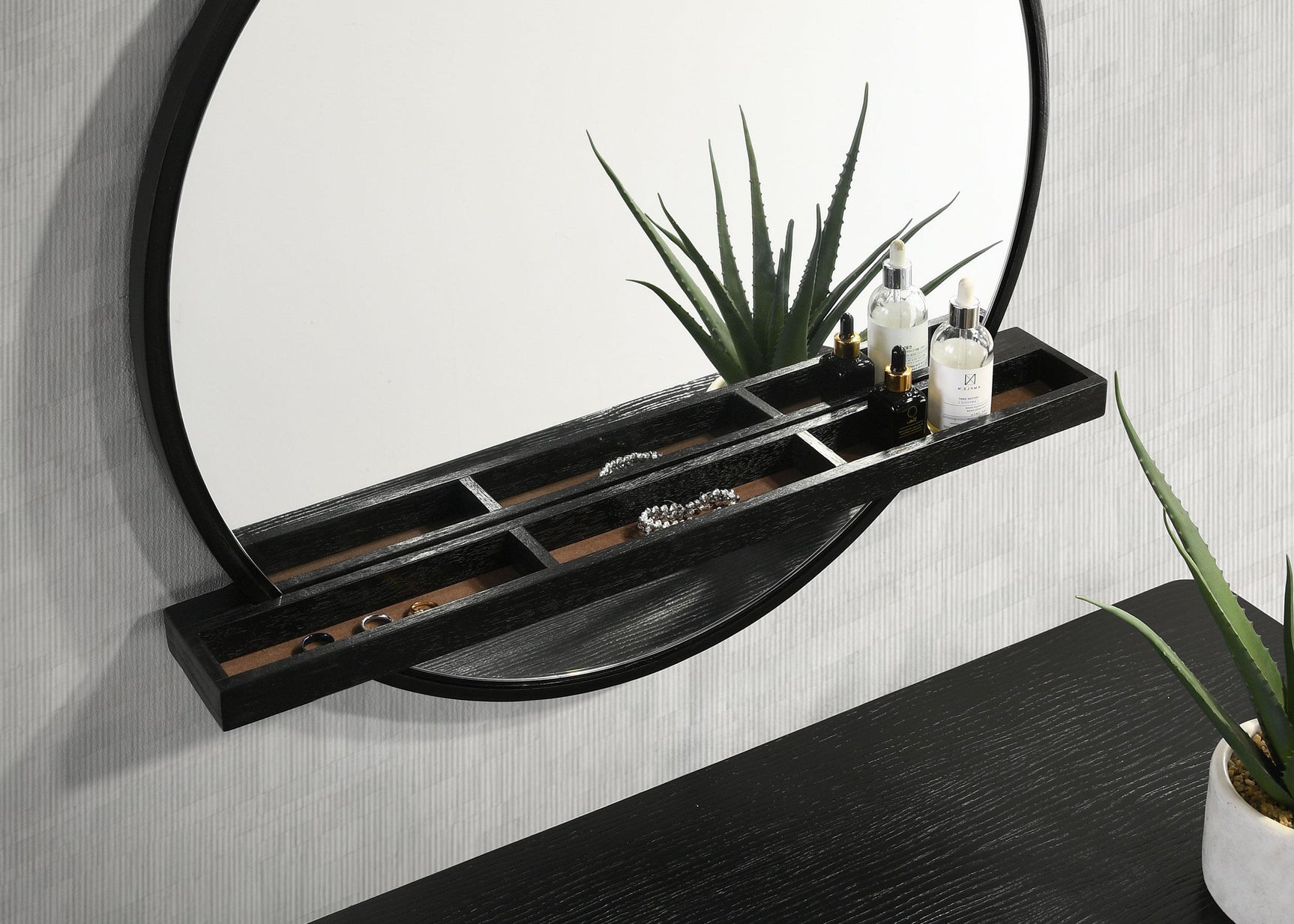 Wire brushed distressed black finish on vanity surface