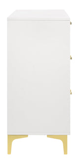 Side angle of Kendall white dresser with bracket-style legs