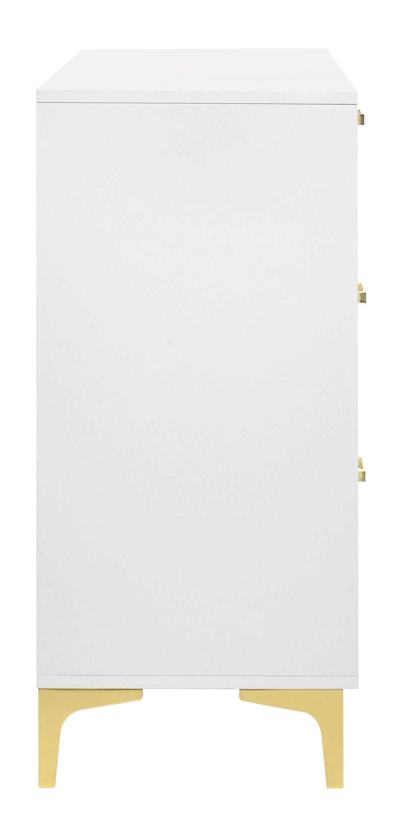Side angle of Kendall white dresser with bracket-style legs