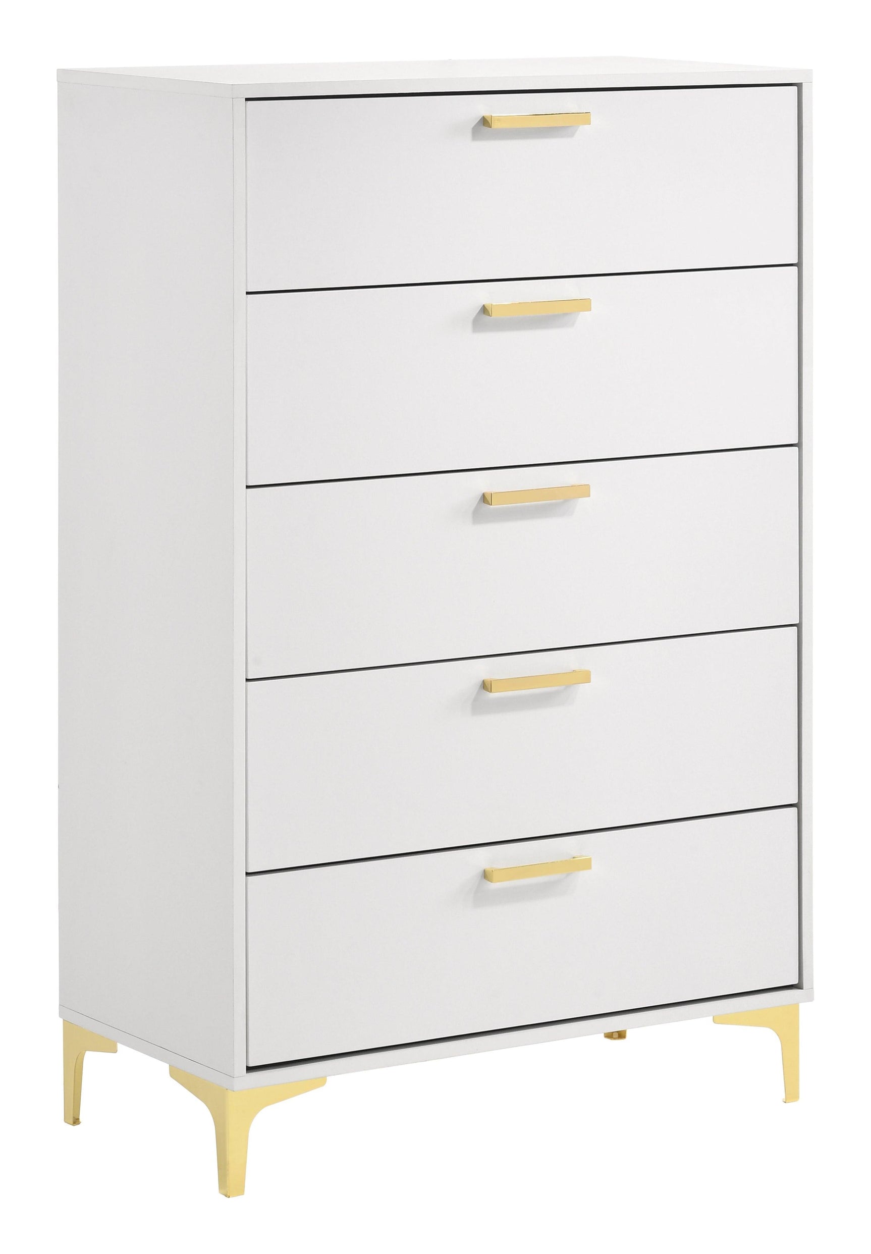 Side angle of Kendall 5-Drawer Chest in white and gold