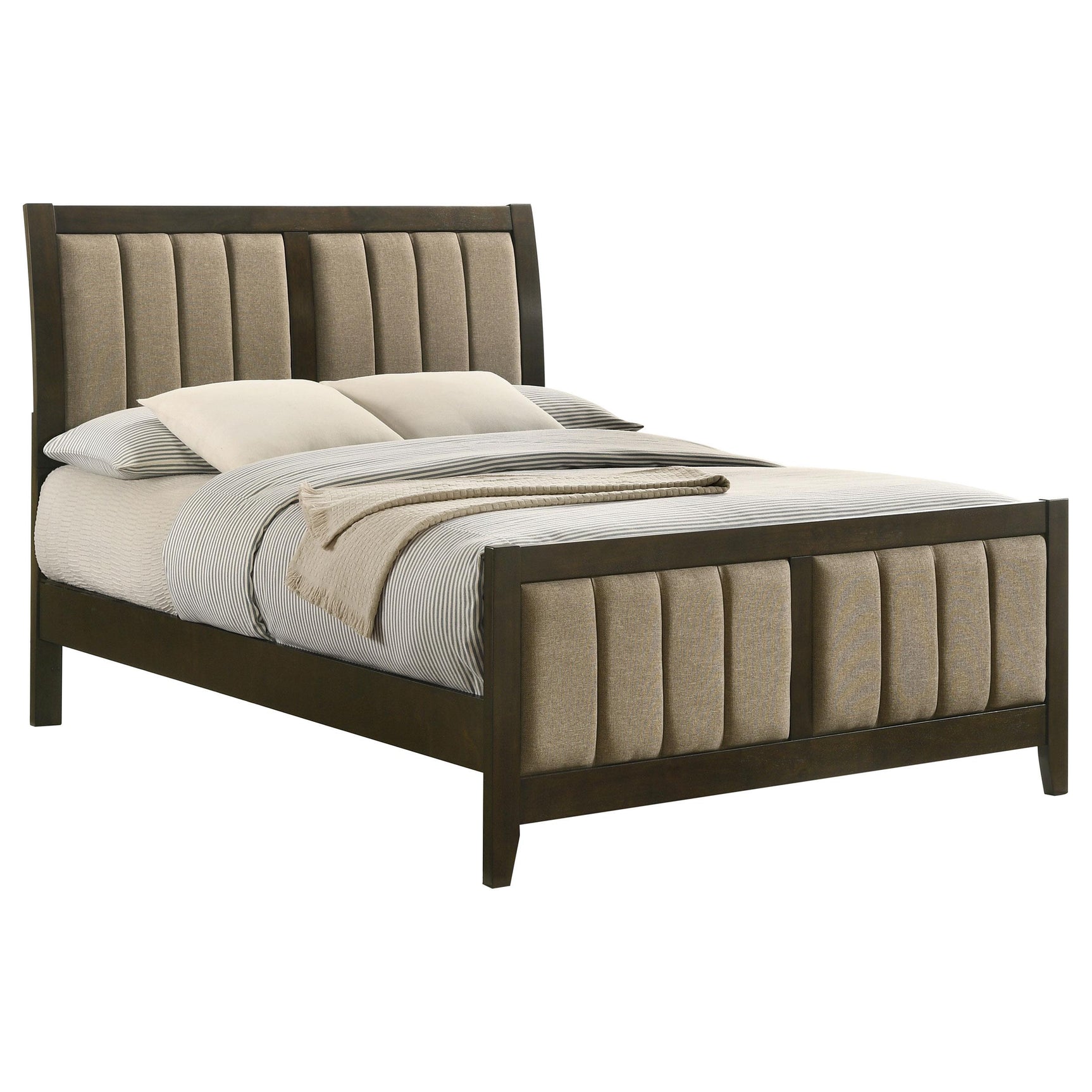 Side view of Wilkes upholstered full bed in dark cocoa