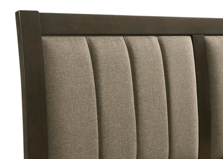 Wilkes queen bed showing fabric upholstery and dark cocoa finish