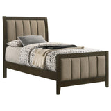 Side angle of Wilkes dark cocoa upholstered twin bed