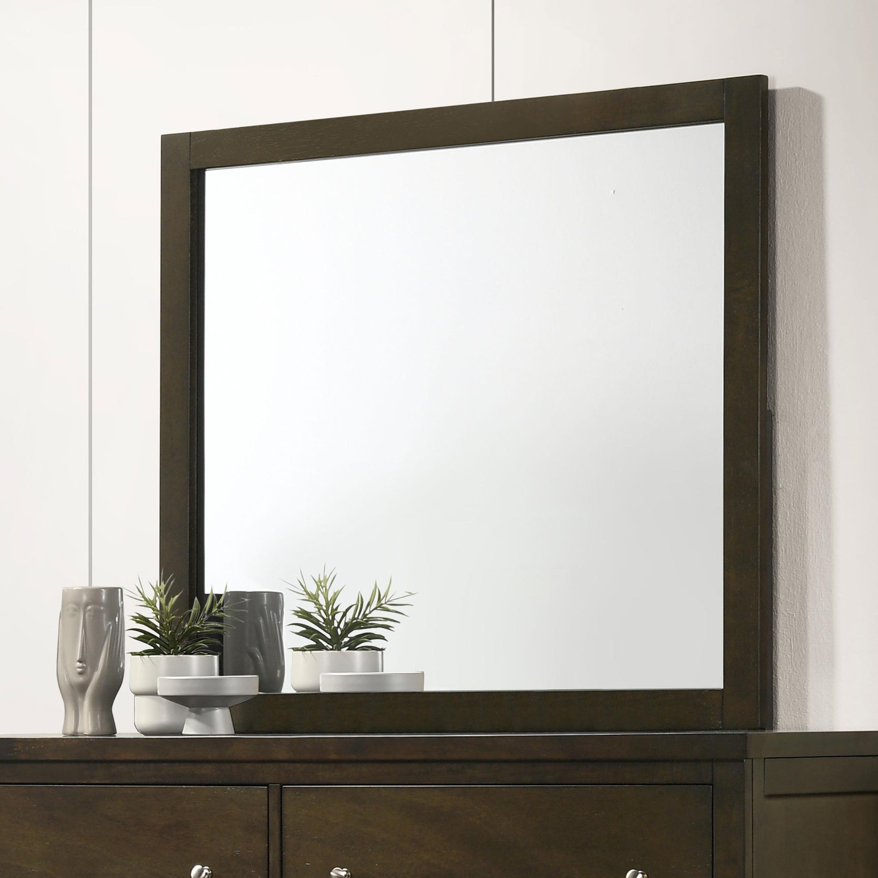 Wilkes Dresser Mirror close-up of frame corner in dark cocoa
