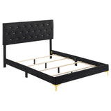 Kendall Tufted Panel Eastern King Bed Black and Gold, gold metal legs visible