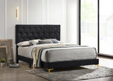 Kendall tufted panel queen bed in black velvet and gold, front view