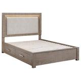 Queen LED storage bed headboard upholstery close-up