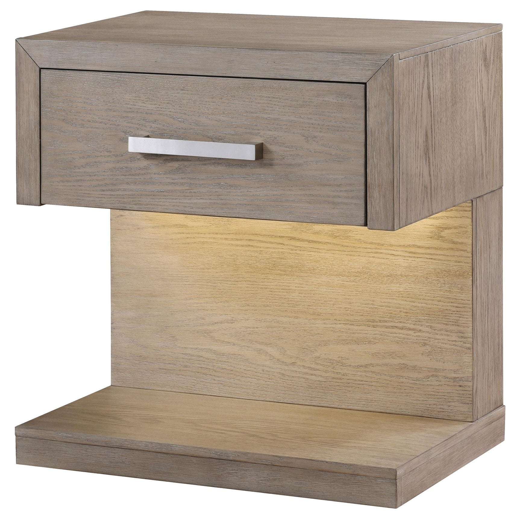 Open lower shelf of Kenora nightstand with books
