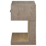 Single drawer pull handle detail on nightstand