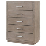 Chrome finish bar pull close-up on chest drawer