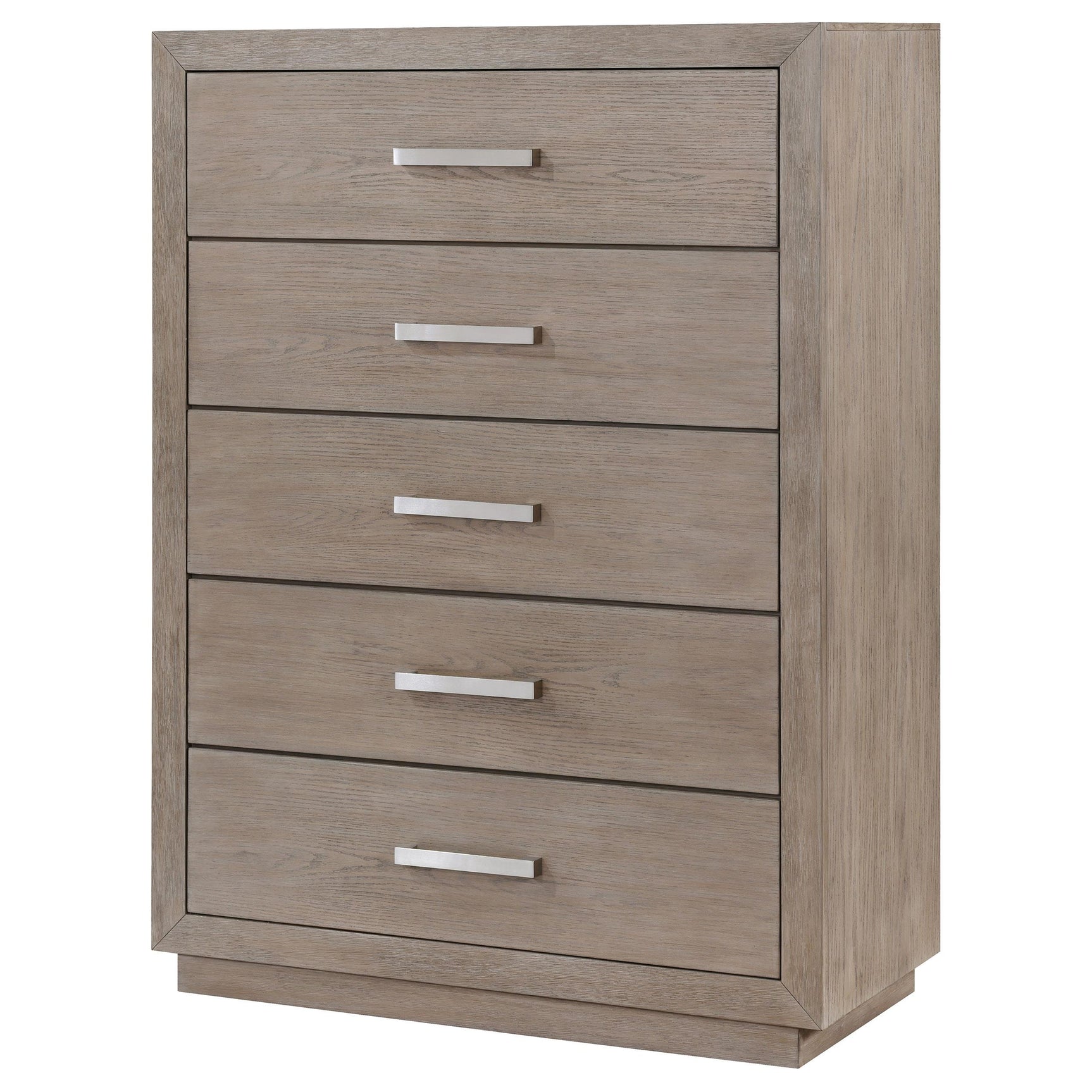 Chrome finish bar pull close-up on chest drawer