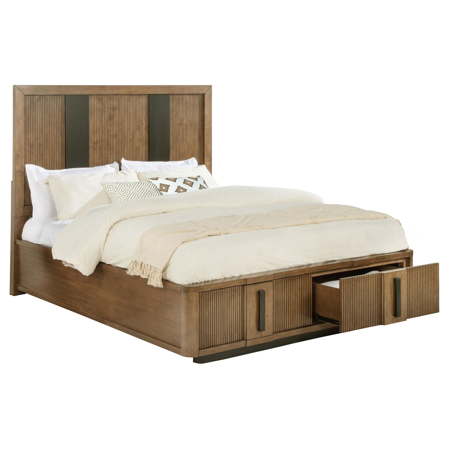 Close-up of metal extension drawer glide and pull handle on ash brown bed