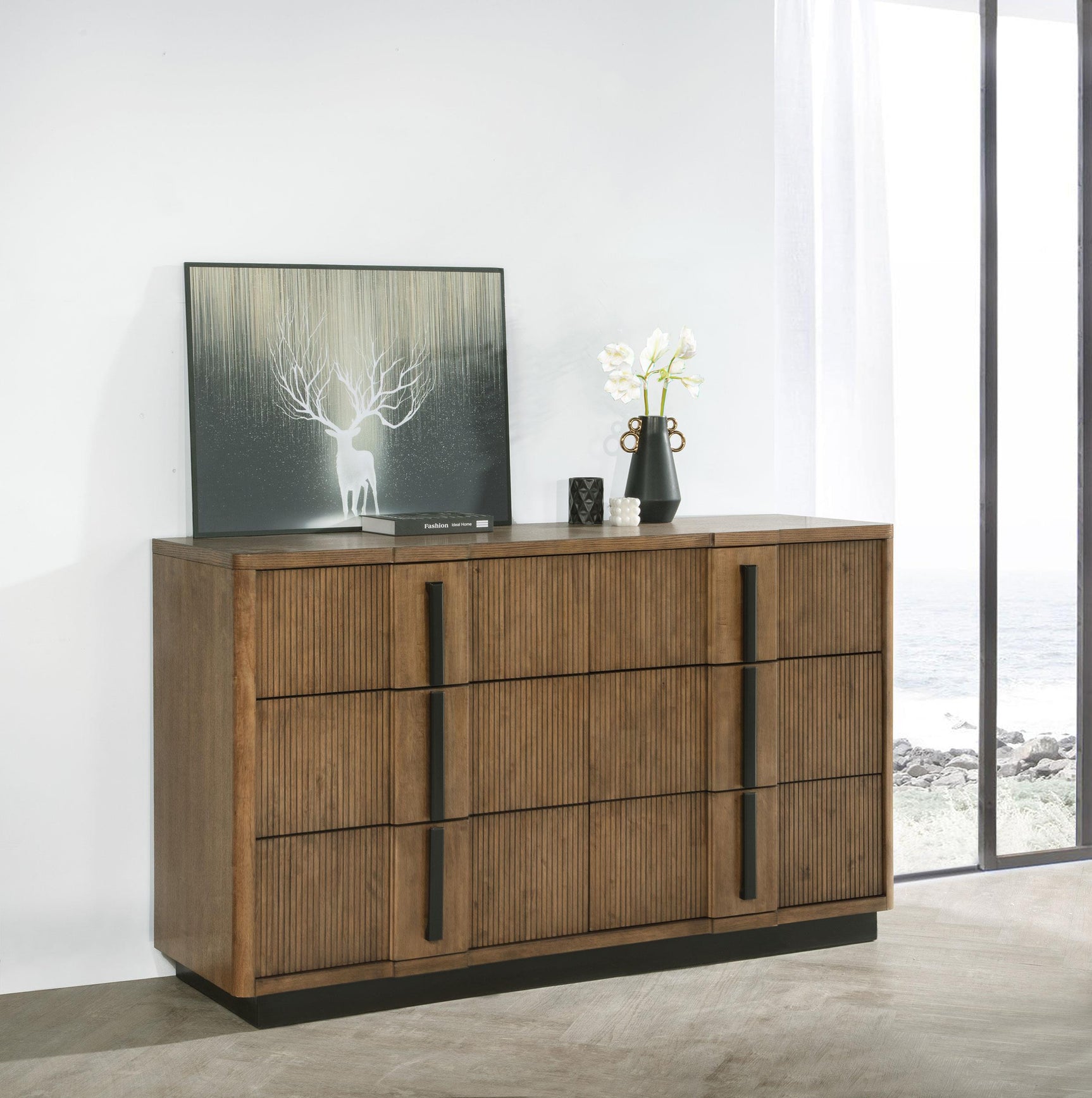 Side angle of Terrace ash brown dresser cabinet showing drawer detail