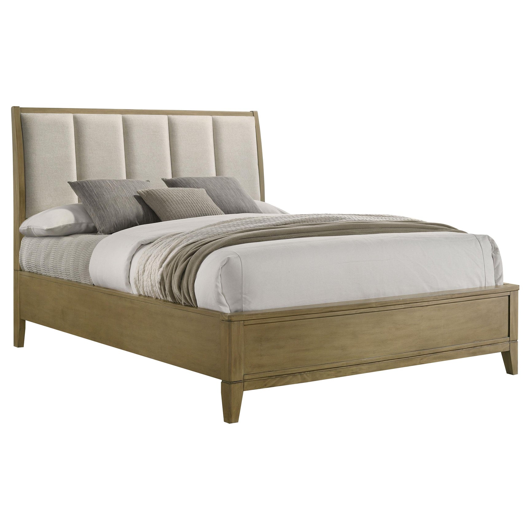 Side angle of Granada Upholstered Queen Panel Bed in natural pine