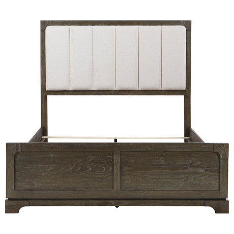 Gran Park Eastern King Panel Bed headboard detail in beige boucle fabric