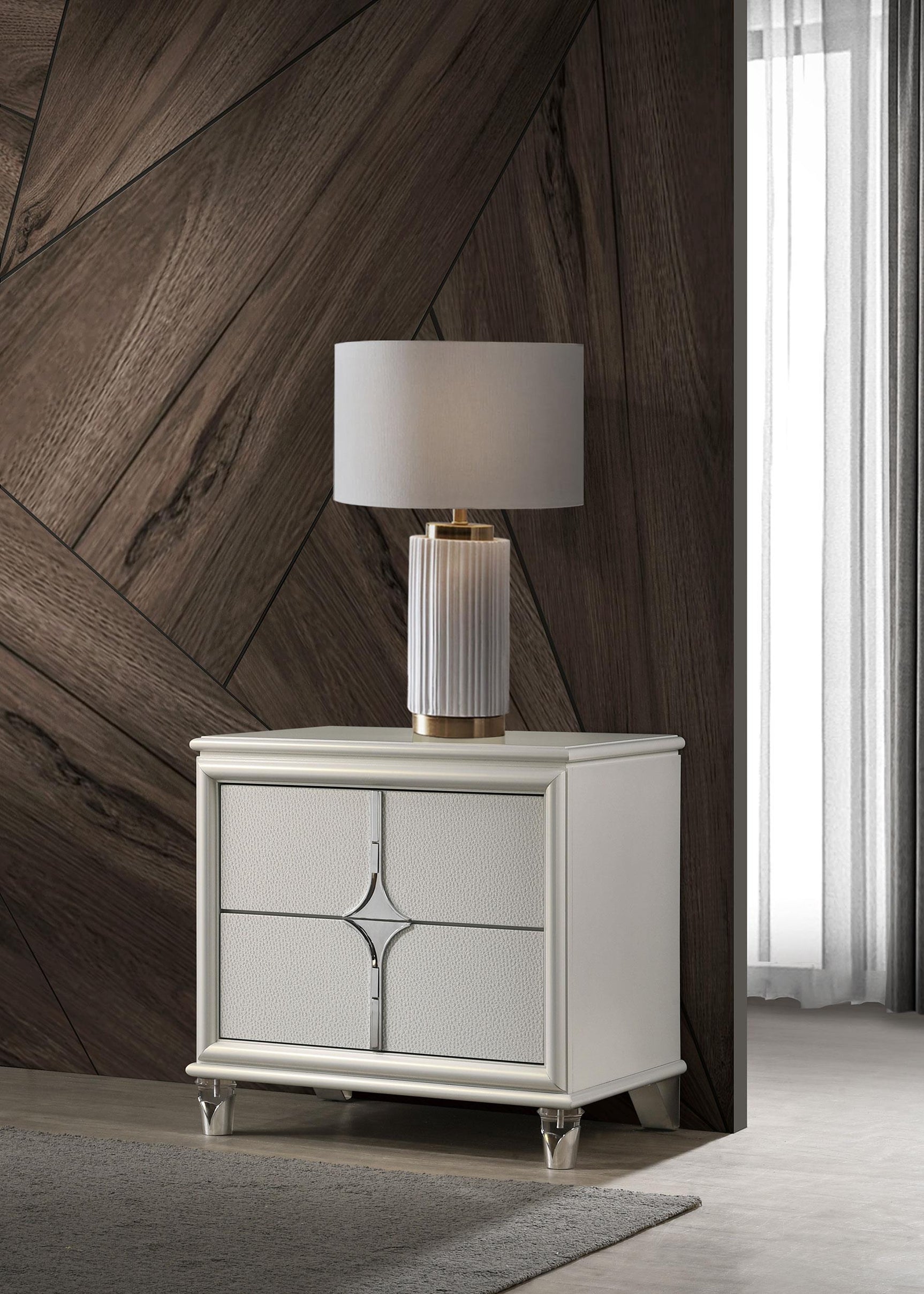 Olivia pearl white nightstand drawer open