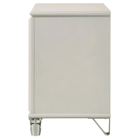 Top view of pearl white nightstand surface