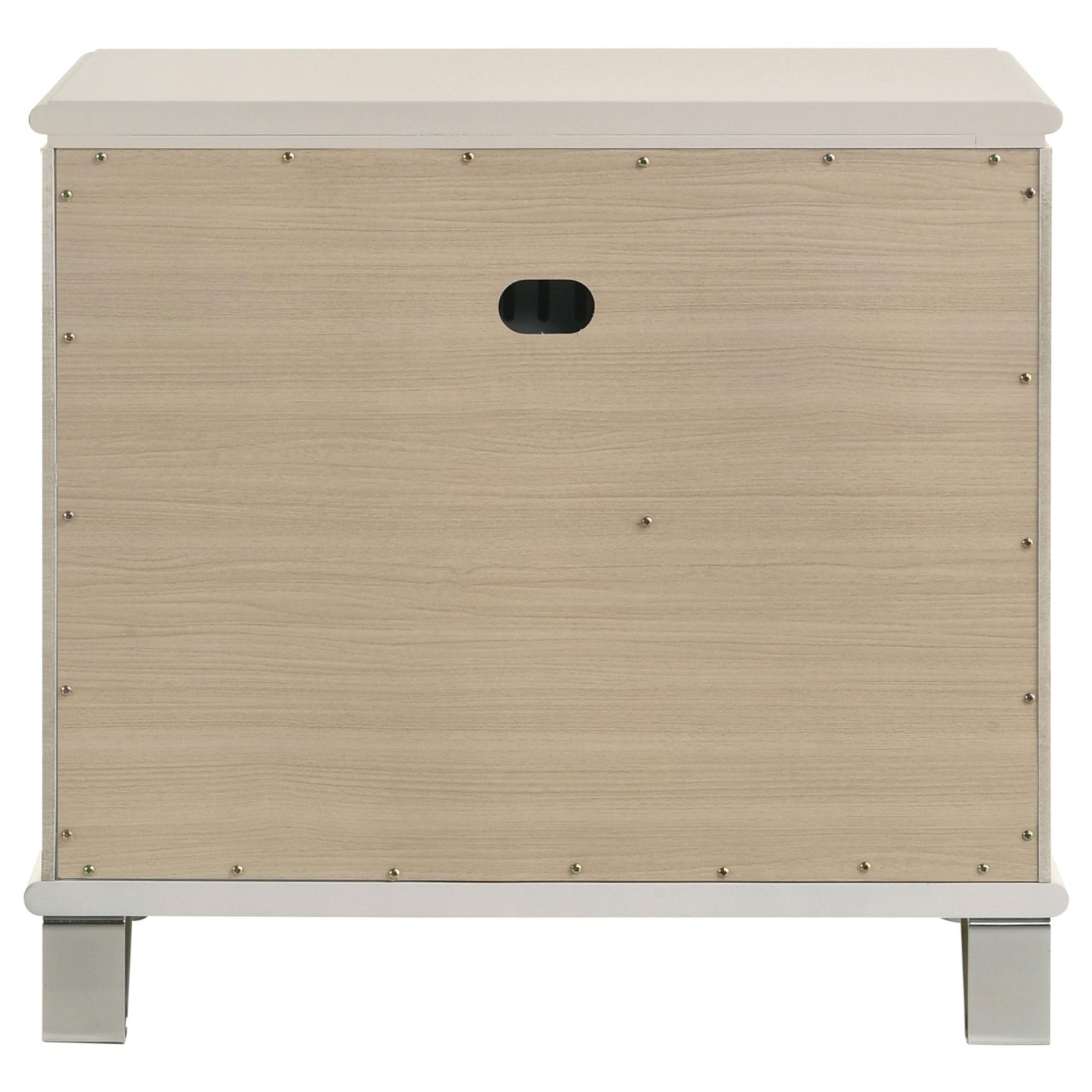 Pearl white nightstand in bedroom setting