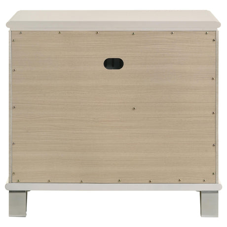 Pearl white nightstand in bedroom setting