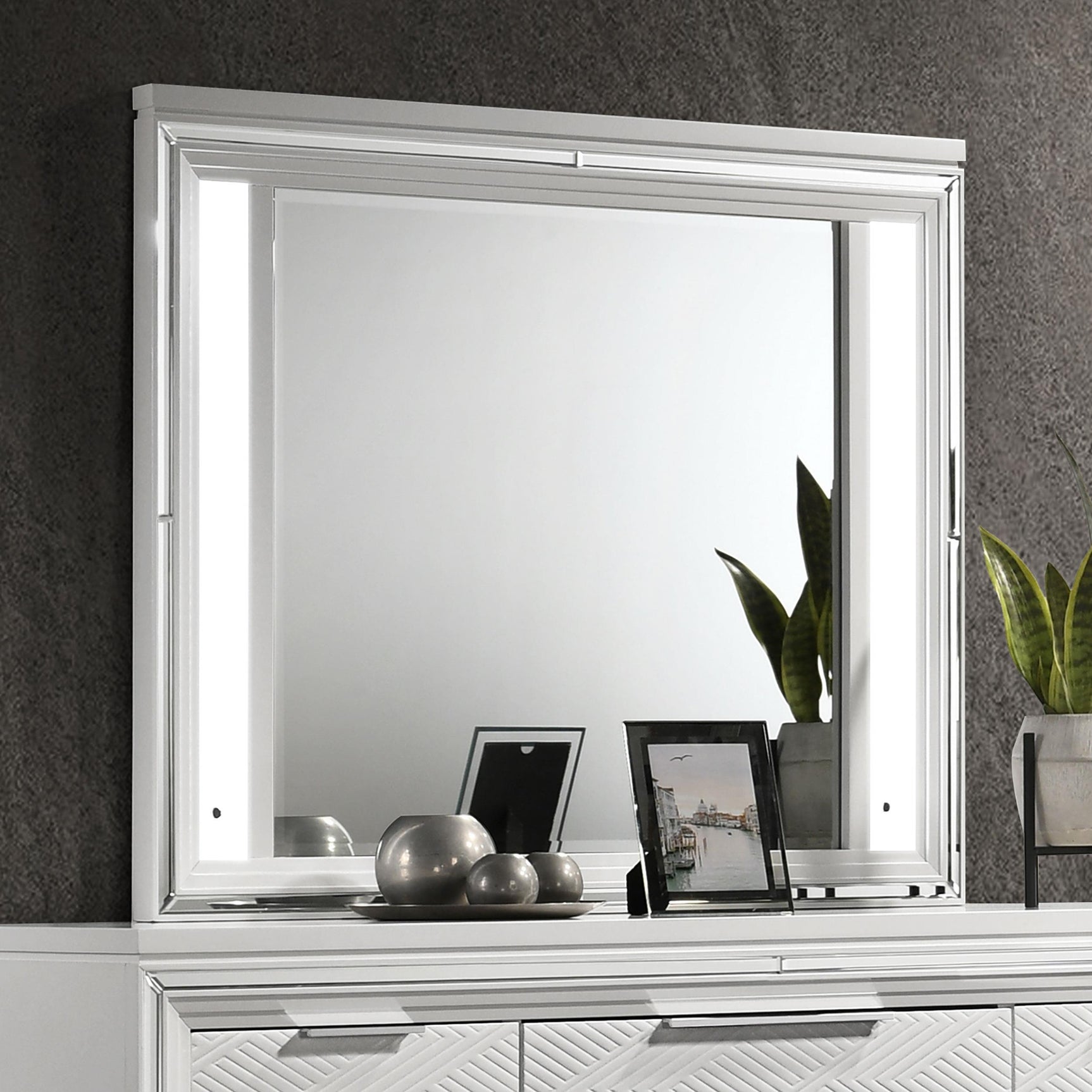 Side angle of Marmore LED White Dresser Mirror showing slim profile