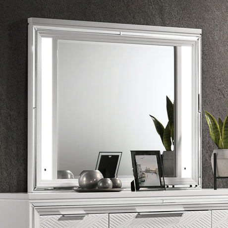Side angle of Marmore LED White Dresser Mirror showing slim profile