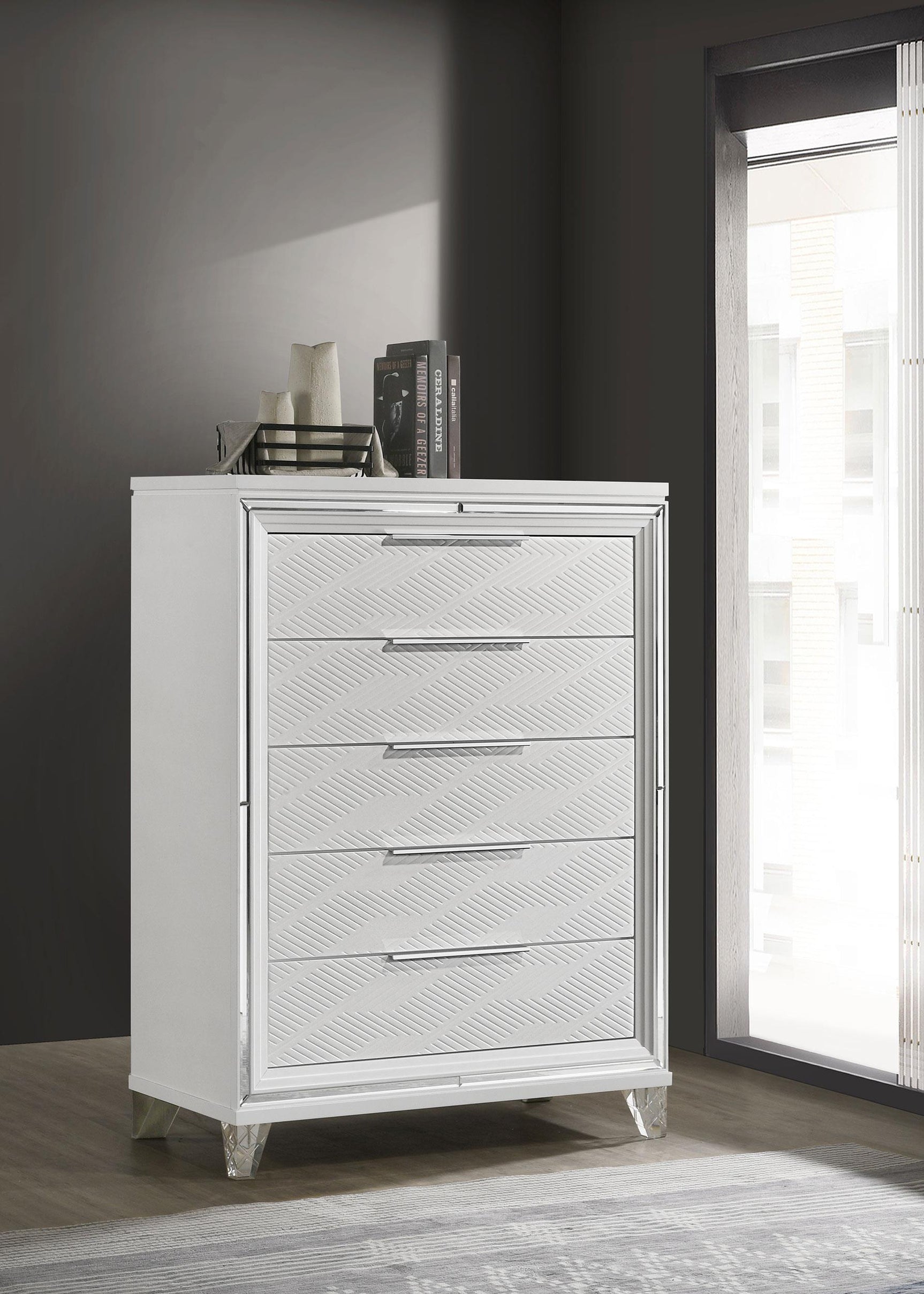 Side view of Marmore white bedroom chest