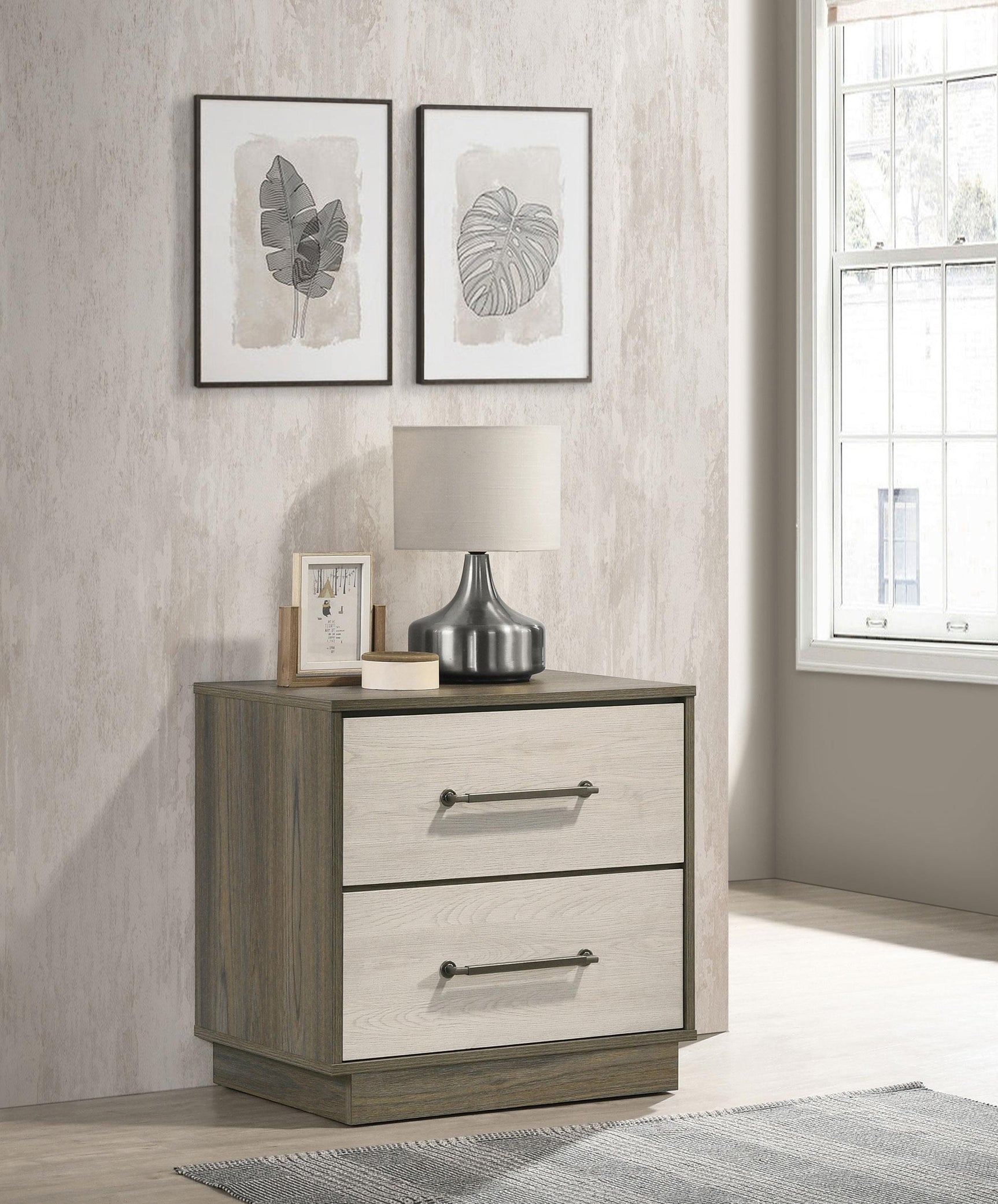 Fenwick nightstand drawer close-up showing metal glide and antique nickel handle