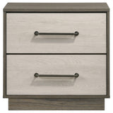Side angle of Fenwick grey oak nightstand showing floating base design