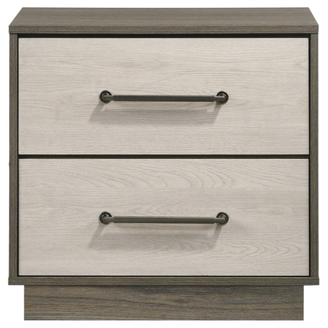 Side angle of Fenwick grey oak nightstand showing floating base design