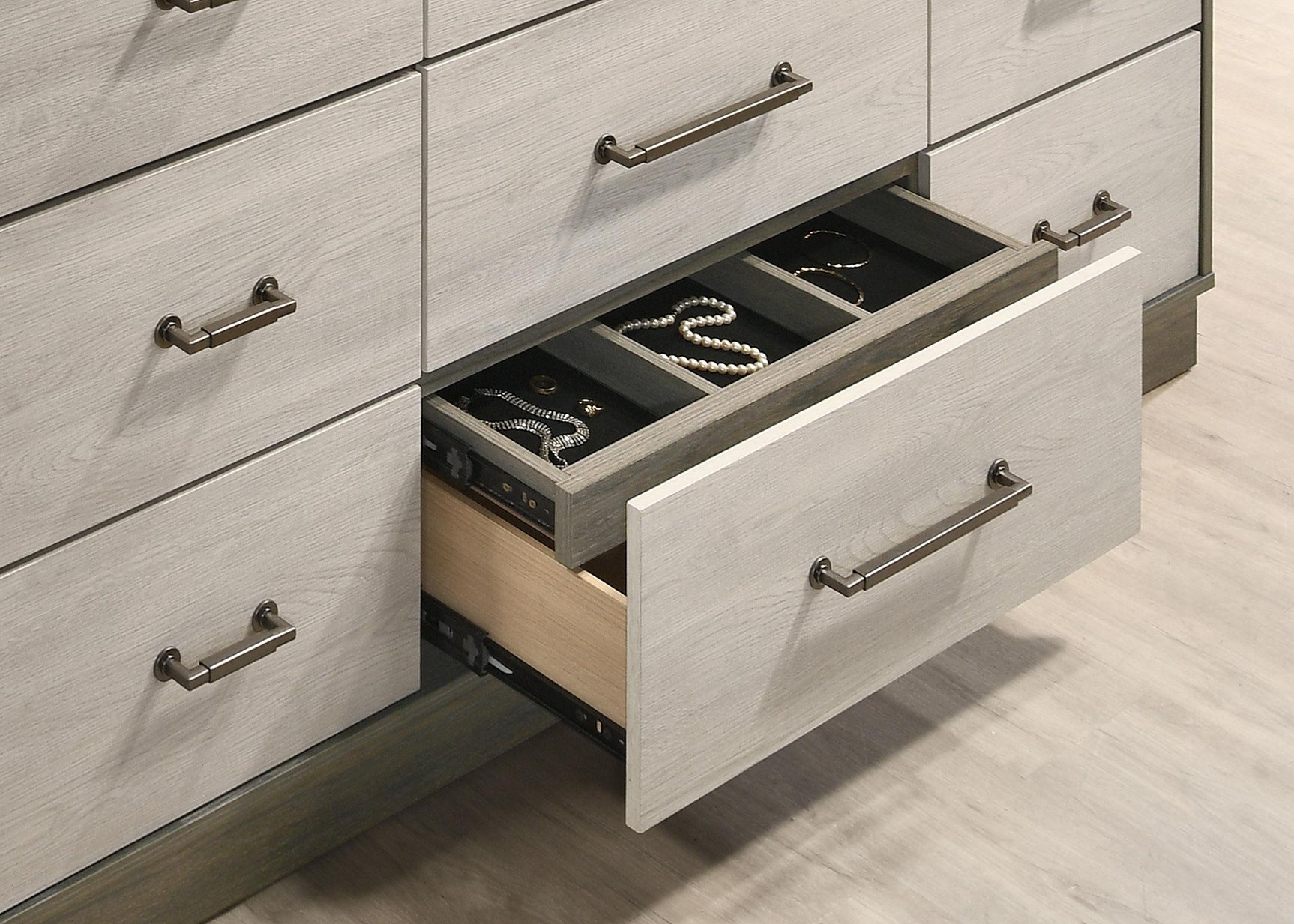 Fenwick 9-drawer grey oak dresser front view