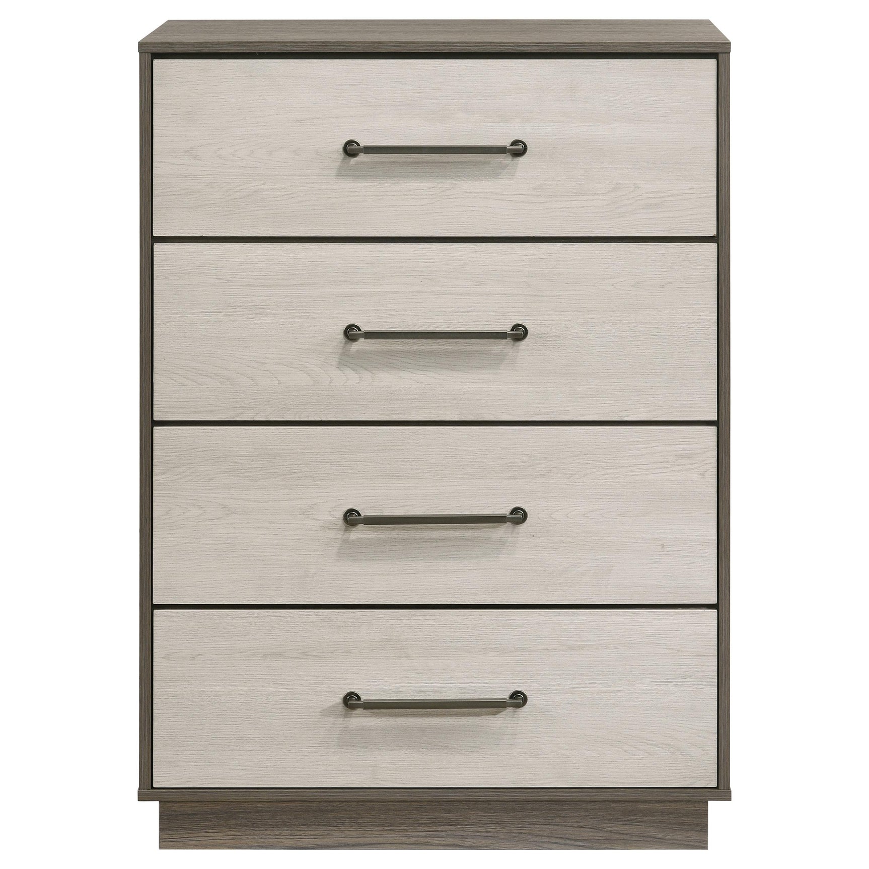 Side view of Fenwick 4-drawer chest in grey oak finish