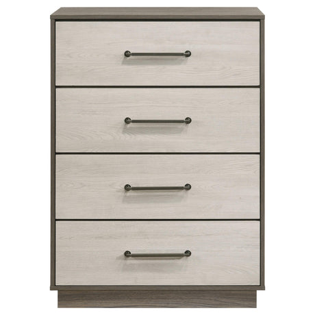 Side view of Fenwick 4-drawer chest in grey oak finish