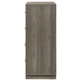 Floating base design of Fenwick 4-drawer chest in grey oak