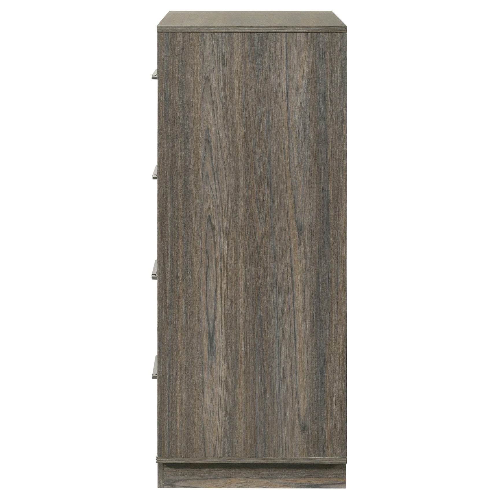 Floating base design of Fenwick 4-drawer chest in grey oak