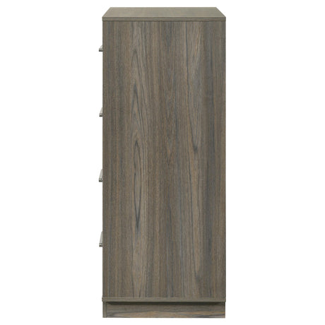 Floating base design of Fenwick 4-drawer chest in grey oak