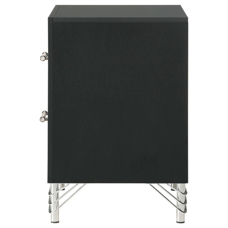 Close-up of pull handle hardware on black nightstand