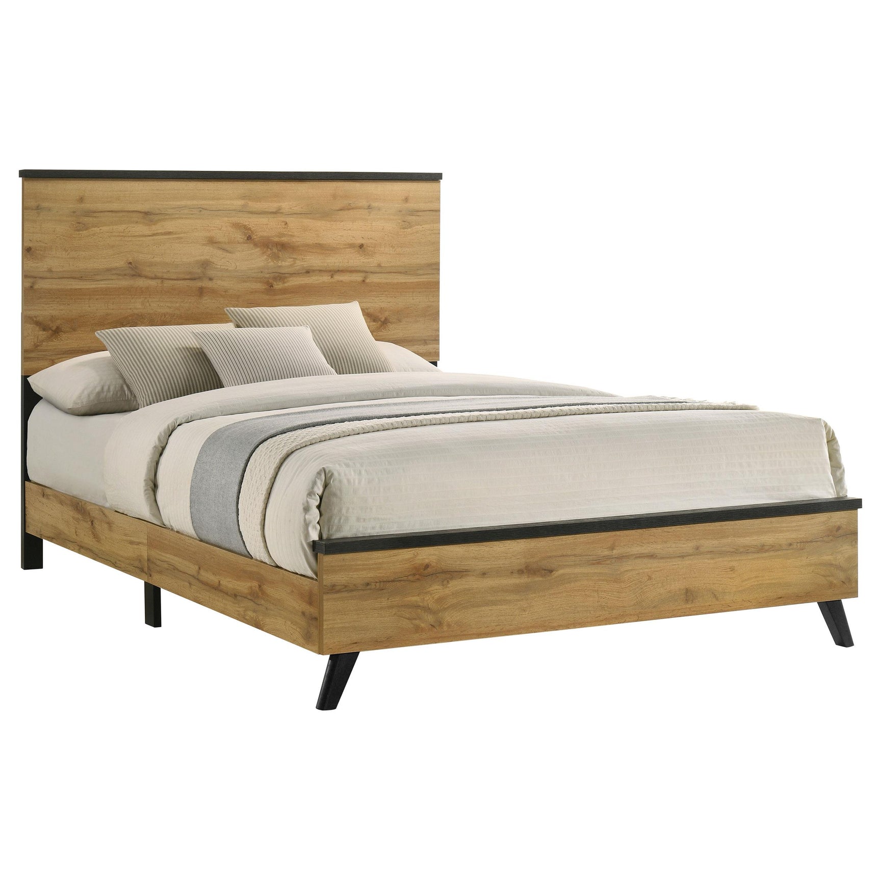 Kaywood 51-inch Queen Panel Bed Natural Pine close-up of wood grain and metal accents