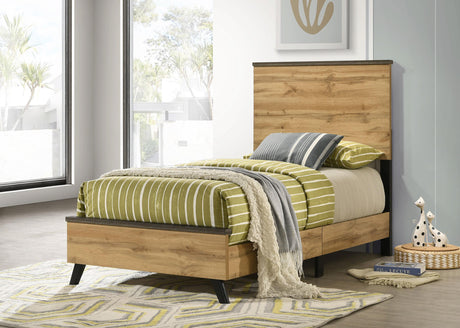 Kaywood twin panel bed side angle in natural pine
