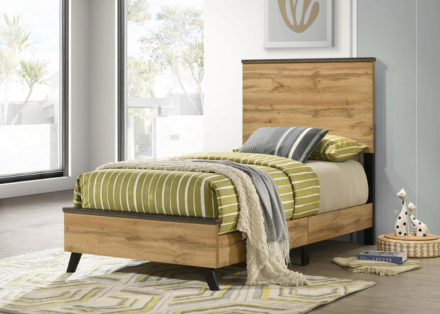 Kaywood twin panel bed side angle in natural pine