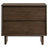 Top drawer of Glenwood nightstand partially open showing felt lining