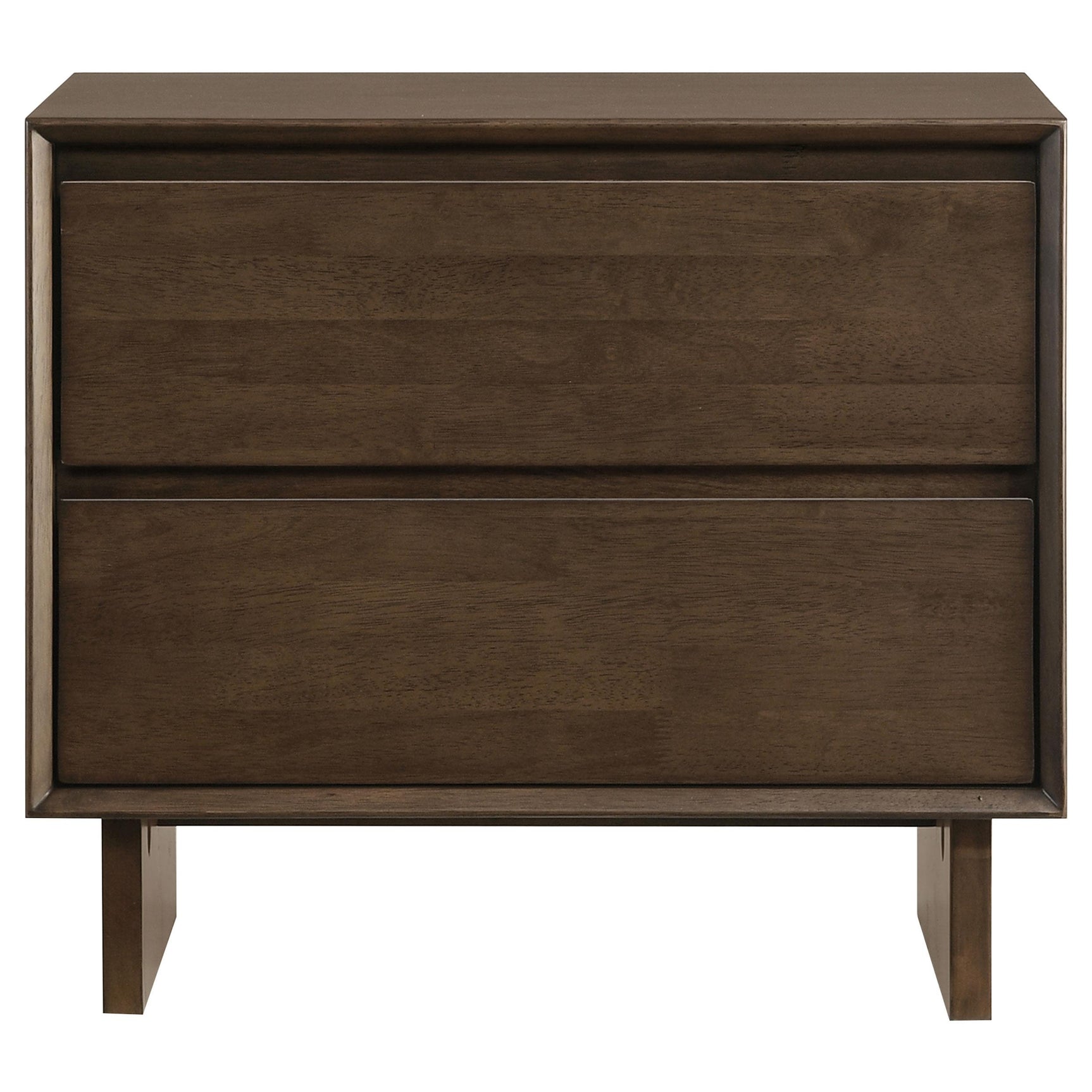Top drawer of Glenwood nightstand partially open showing felt lining