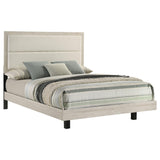 Close-up of cream bouclé upholstered headboard on Trenton bed