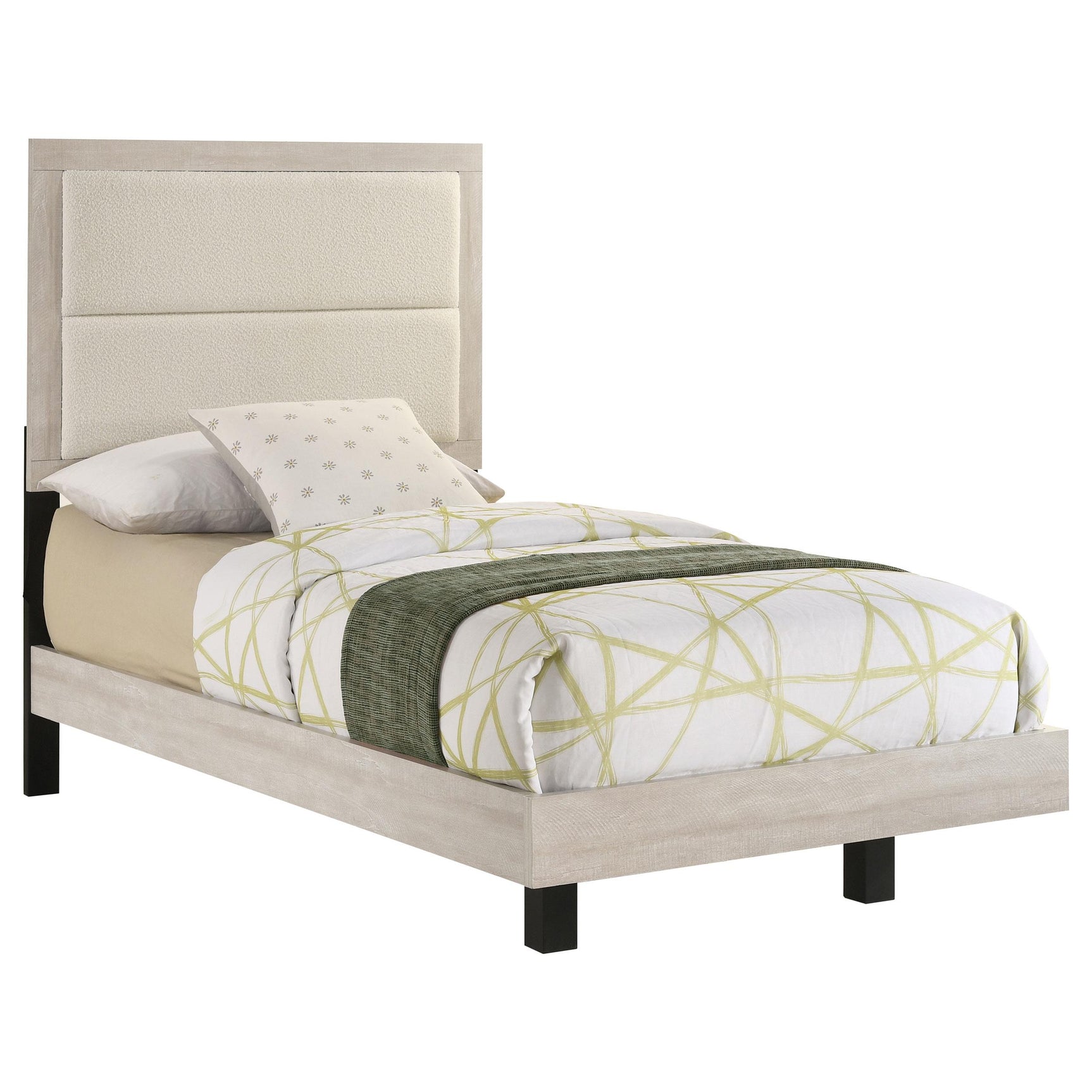 Bed frame side view showing panel design