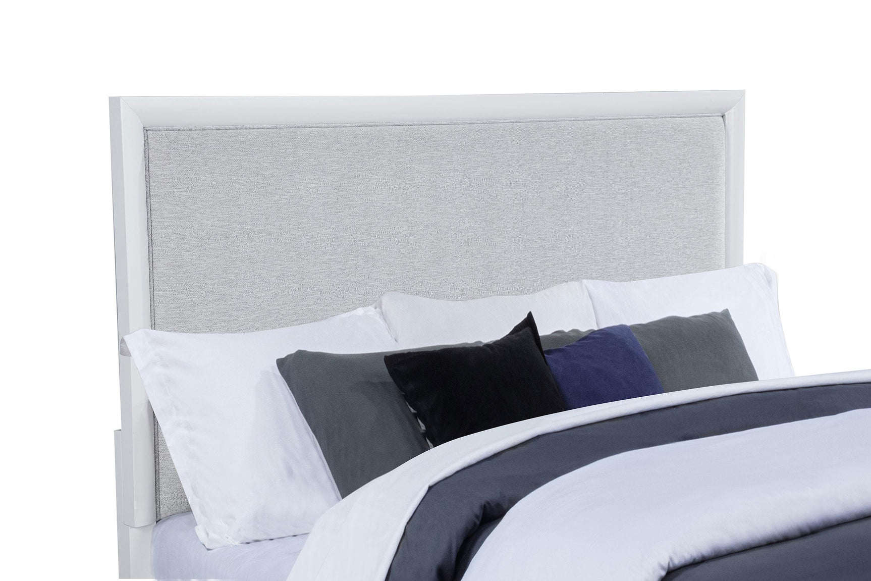Gracemont Eastern King Panel Bed front view in grey and white