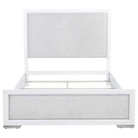 Gracemont queen bed side angle showing fabric upholstery and metal legs