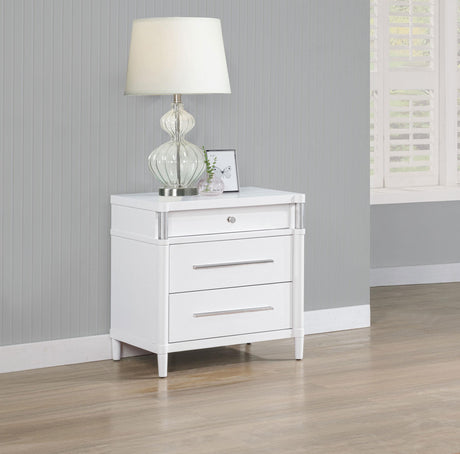 Gracemont nightstand side angle showing metal accents