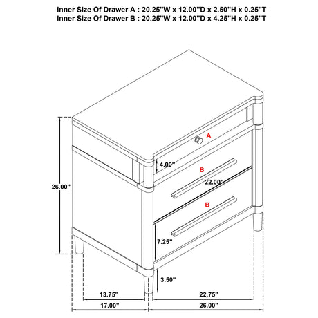 Gracemont white 3-drawer bedroom nightstand front view